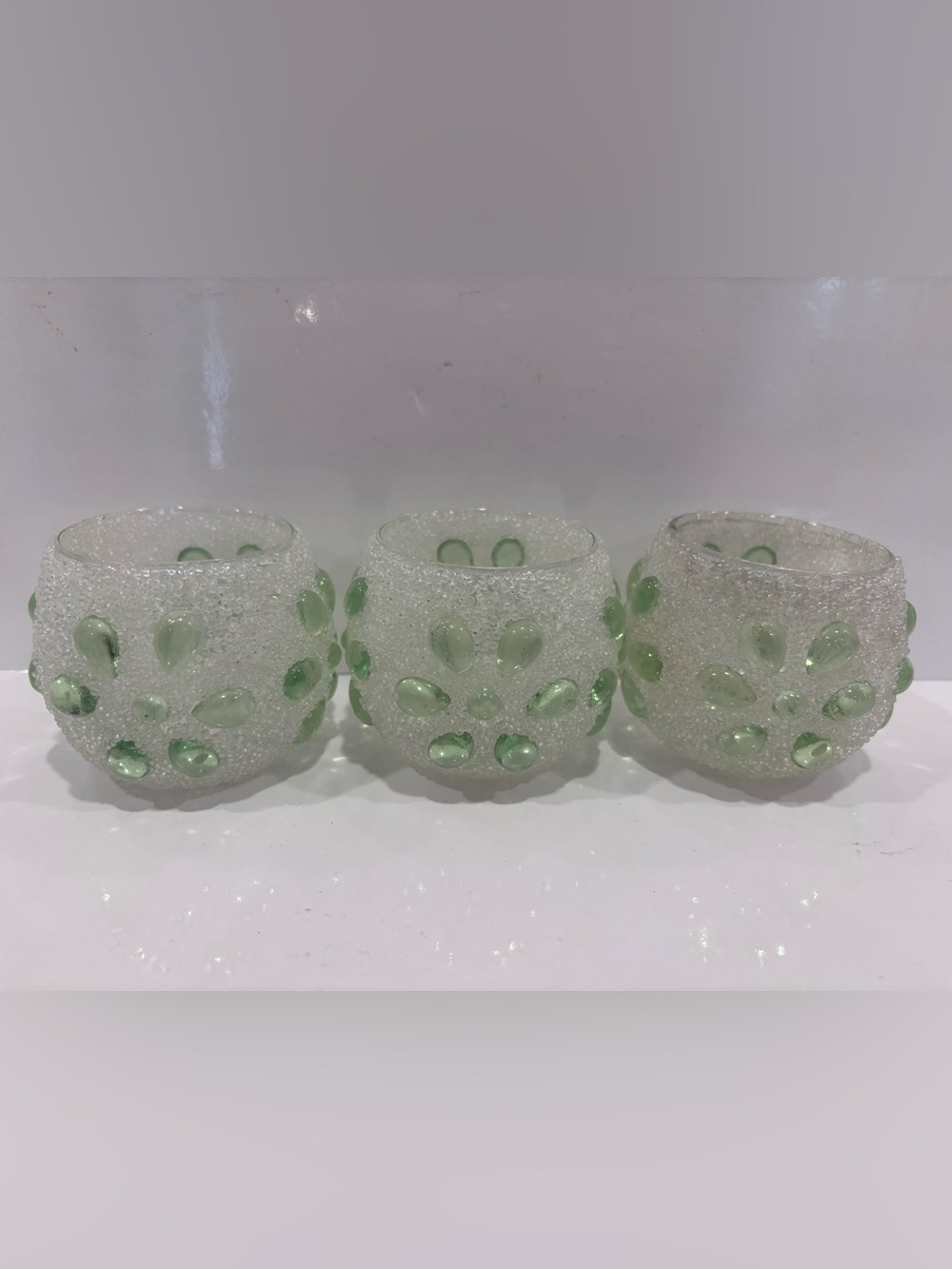 Set of 3 handblown art glass frosted green bubble votive candle holders